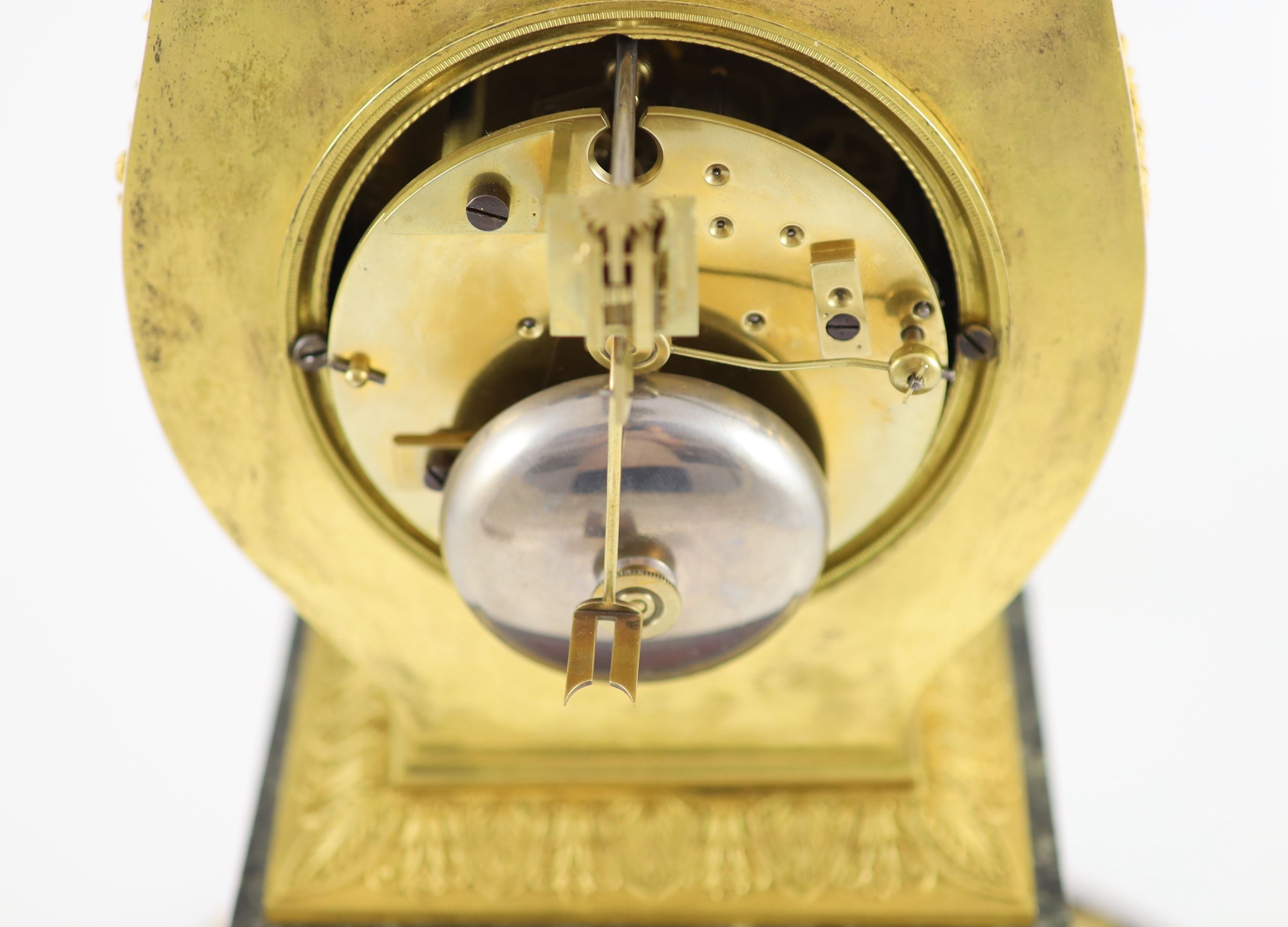 A 19th-century French ormolu and marble lyre shaped mantel clock H 52cm. W 18cm. D 12cm.